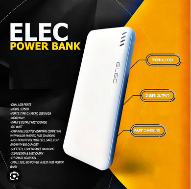 🔋 ELEC 10,000mAh Fast Charging Power Bank – White | Dual USB Type-A & Type-C Outputs Mayari Super Store