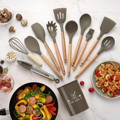 🍳 12 Pcs Silicone Cooking Utensils Kitchen Set | Heat Resistant Non-Toxic Spatula Set with Turner, Tongs, Spoon, Brush, Whisk & Wooden Handle – Random Color - Mayari Super Store