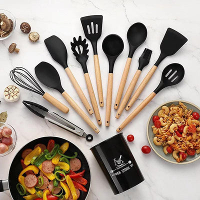 🍳 12 Pcs Silicone Cooking Utensils Kitchen Set | Heat Resistant Non-Toxic Spatula Set with Turner, Tongs, Spoon, Brush, Whisk & Wooden Handle – Random Color - Mayari Super Store