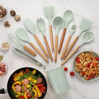 🍳 12 Pcs Silicone Cooking Utensils Kitchen Set | Heat Resistant Non-Toxic Spatula Set with Turner, Tongs, Spoon, Brush, Whisk & Wooden Handle – Random Color - Mayari Super Store