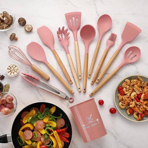 🍳 12 Pcs Silicone Cooking Utensils Kitchen Set | Heat Resistant Non-Toxic Spatula Set with Turner, Tongs, Spoon, Brush, Whisk & Wooden Handle – Random Color - Mayari Super Store