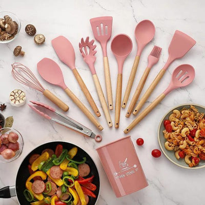 🍳 12 Pcs Silicone Cooking Utensils Kitchen Set | Heat Resistant Non-Toxic Spatula Set with Turner, Tongs, Spoon, Brush, Whisk & Wooden Handle – Random Color - Mayari Super Store