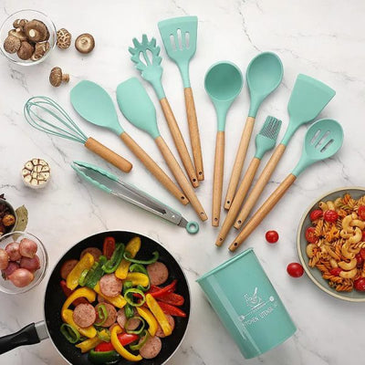 🍳 12 Pcs Silicone Cooking Utensils Kitchen Set | Heat Resistant Non-Toxic Spatula Set with Turner, Tongs, Spoon, Brush, Whisk & Wooden Handle – Random Color - Mayari Super Store
