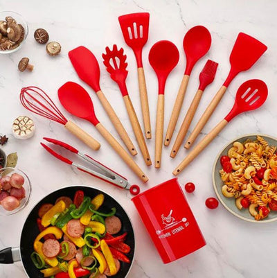 🍳 12 Pcs Silicone Cooking Utensils Kitchen Set | Heat Resistant Non-Toxic Spatula Set with Turner, Tongs, Spoon, Brush, Whisk & Wooden Handle – Random Color - Mayari Super Store