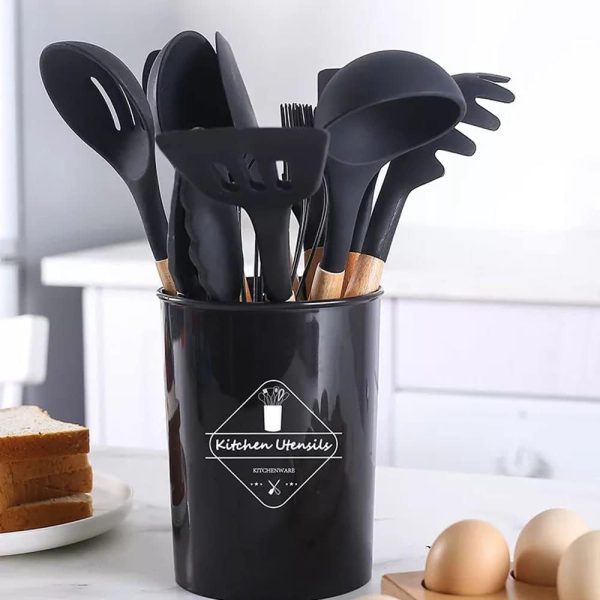 🍳 12 Pcs Silicone Cooking Utensils Kitchen Set | Heat Resistant Non-Toxic Spatula Set with Turner, Tongs, Spoon, Brush, Whisk & Wooden Handle – Random Color - Mayari Super Store