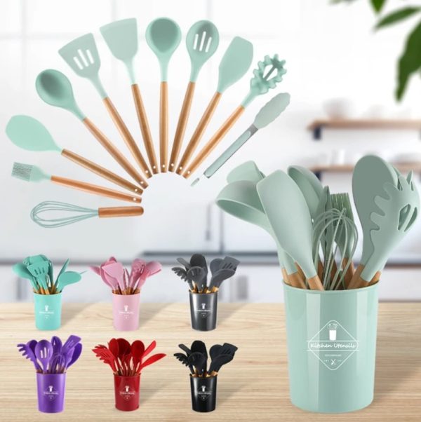 🍳 12 Pcs Silicone Cooking Utensils Kitchen Set | Heat Resistant Non-Toxic Spatula Set with Turner, Tongs, Spoon, Brush, Whisk & Wooden Handle – Random Color - Mayari Super Store