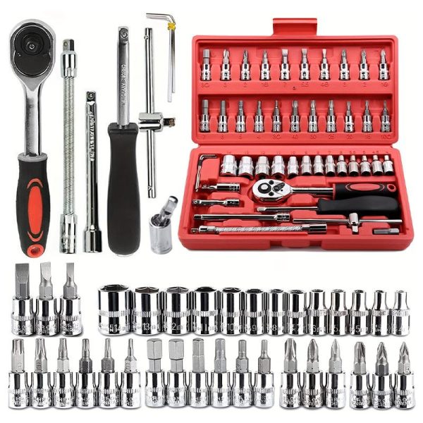 🔧 46-Piece Professional Socket Wrench Tool Set | Heavy-Duty Ratchet Handle, Sockets & Screwdriver Bits