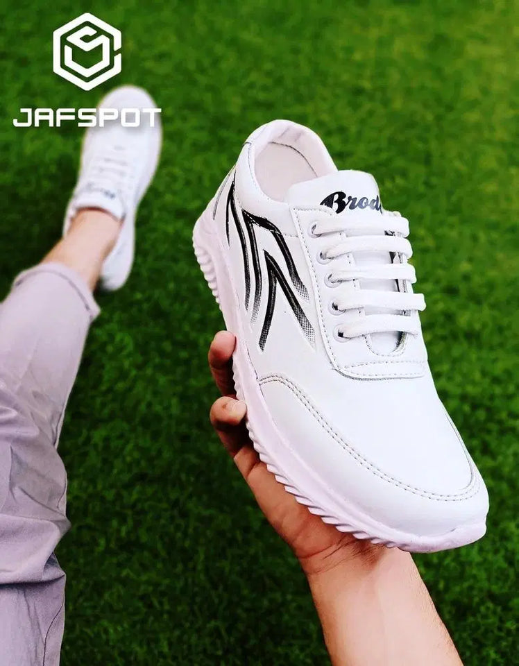Men's Athletic Running Sneakers - JF019, White with Black Lines