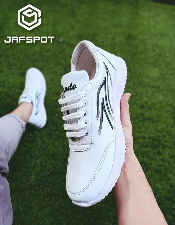 Men's Athletic Running Sneakers - JF019, White with Black Lines