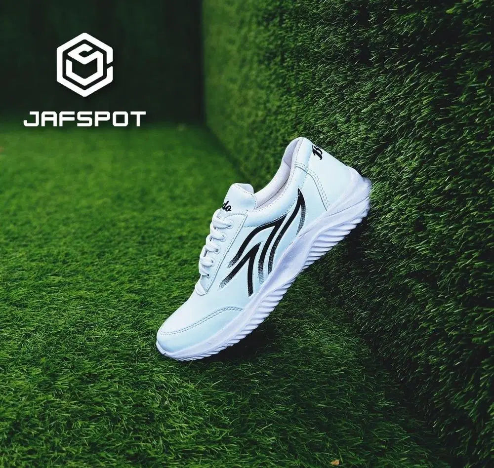 Men's Athletic Running Sneakers - JF019, White with Black Lines