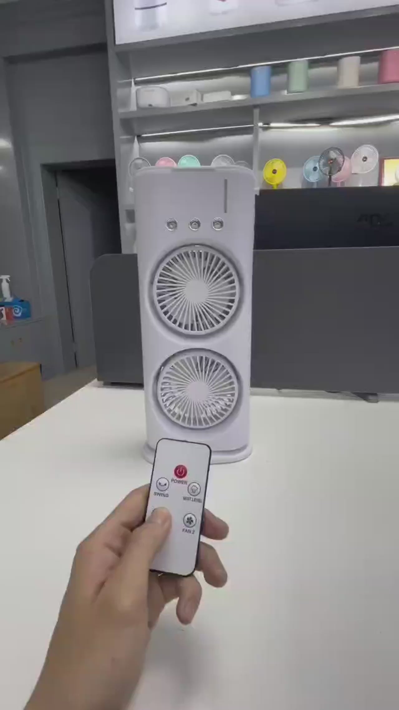 ❄️ Rechargeable Automatic Rotating Dual Double Spray Mist Fan with Lighting Effects ❄️