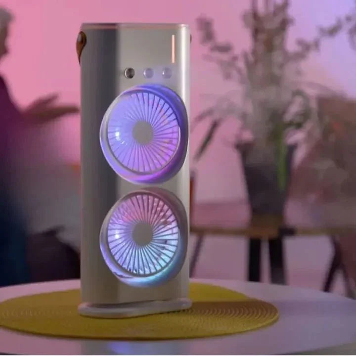 ❄️ Rechargeable Automatic Rotating Dual Double Spray Mist Fan with Lighting Effects ❄️ Mayari Super Store